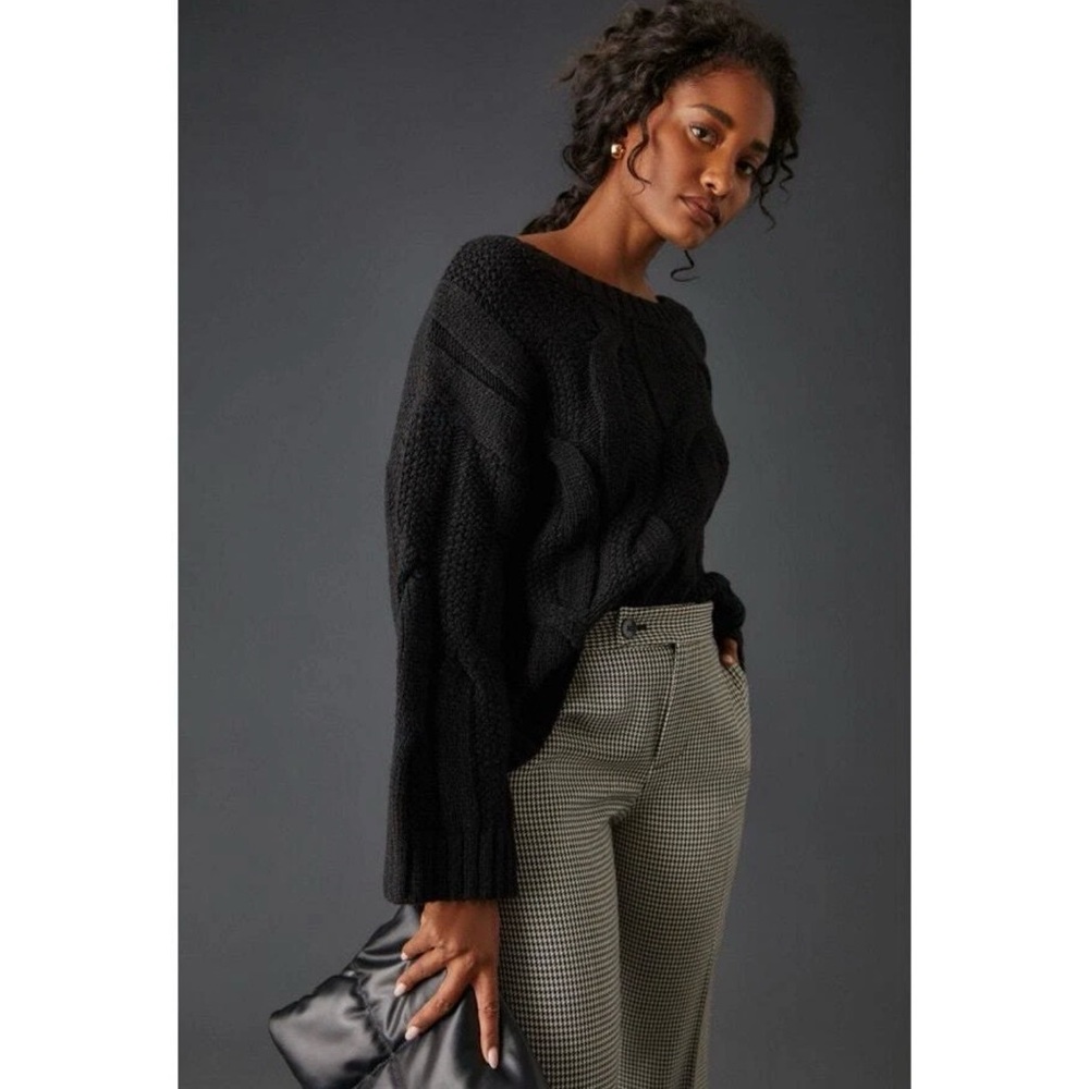 Anthropologie Maeve Black Oversized Cable Knit Sweater